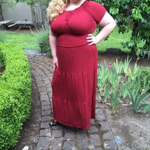 Red boho cap sleeve tiered renaissance dress